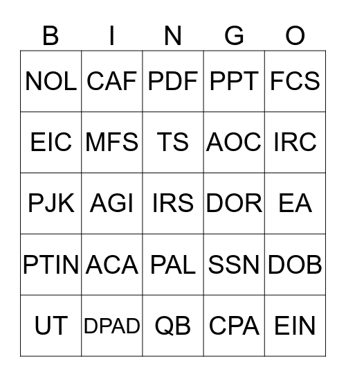 Tax Season Acronyms Bingo Card
