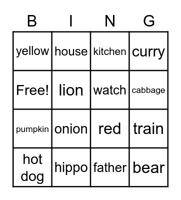 English Bingo Card