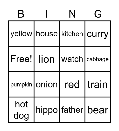 English Bingo Card