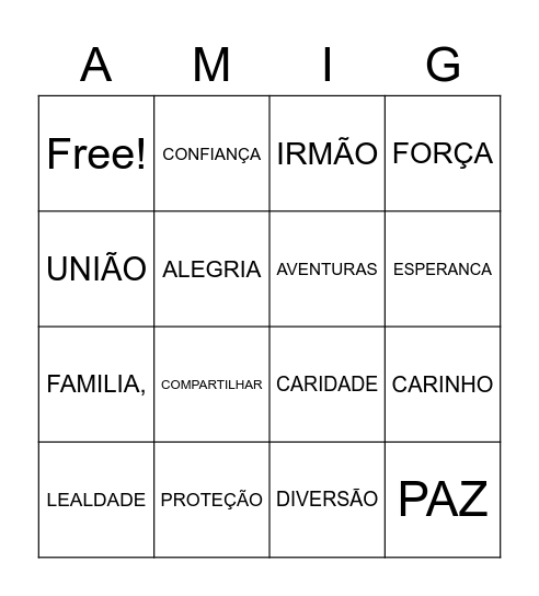 BINGO DA AMIZADE Bingo Card