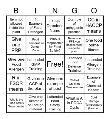 Zero Harm BINGO Card