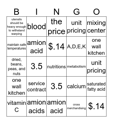 Foods and Nutrition Bingo Card