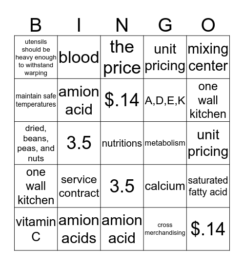 Foods and Nutrition Bingo Card