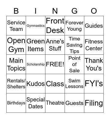 Service Team Meeting Bingo Card