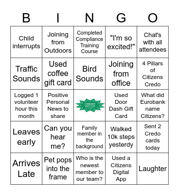 Credo Week Bingo Card