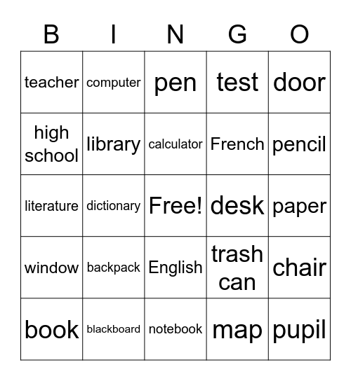 School  Bingo Card