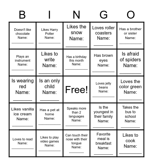 Get to Know You Bingo Card