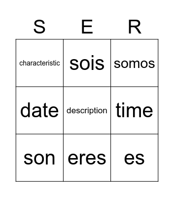 The present tense of SER Bingo Card