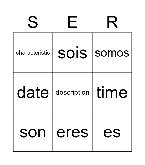 The present tense of SER Bingo Card