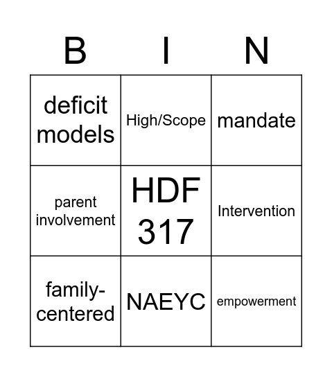 Family Involvement Bingo Card
