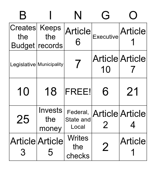 Illinois State Constitution Bingo Card