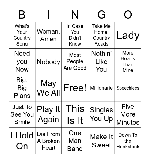 Country Playlist Bingo Card