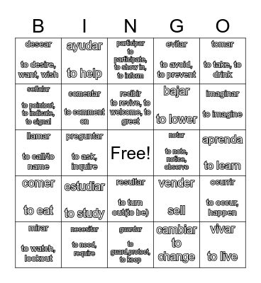Regular Present Tense Verbs Bingo Card