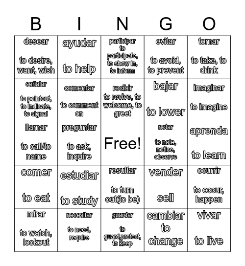 Regular Present Tense Verbs Bingo Card