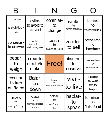 Present Tense-Regular Verbs Bingo Card