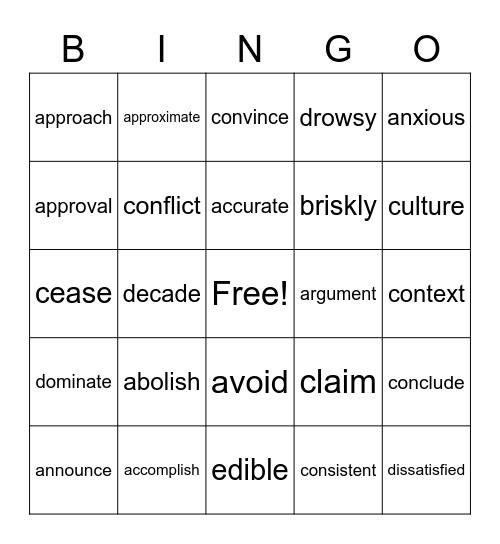 5th GRADE VOCABULARY Bingo Card