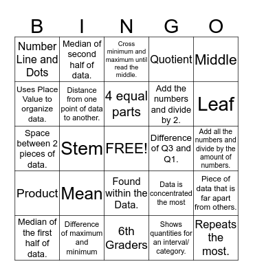Data- Measures of Center & Spread Bingo Card