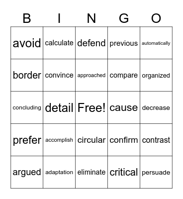 4TH GRADE VOCABULARY Bingo Card