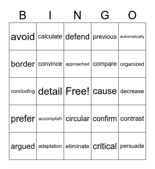 4TH GRADE VOCABULARY Bingo Card