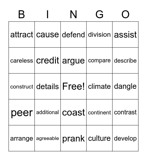 3rd GRADE VOCABULARY Bingo Card