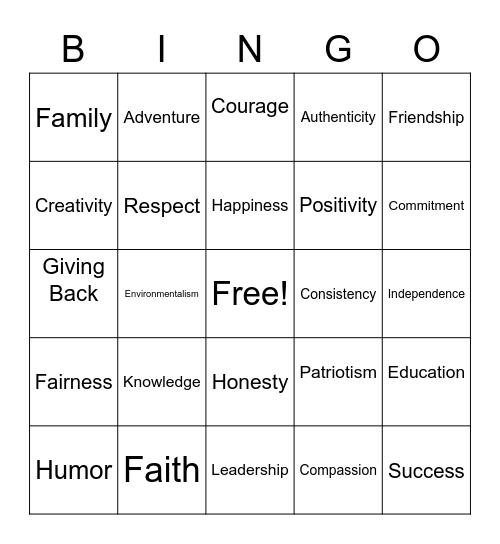 Values BINGO Card