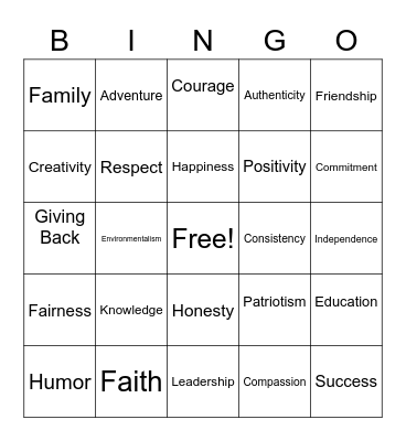 Values BINGO Card