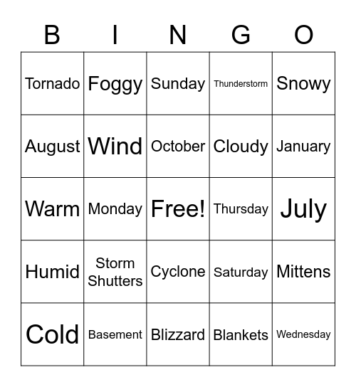 Weather Bingo Card