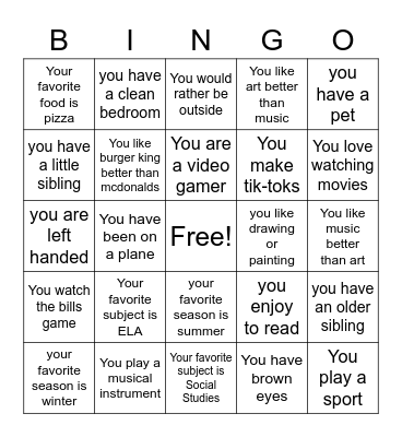 Getting to know You! Bingo Card