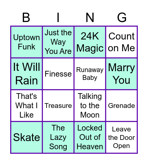 Bruno Mars Bingo Card