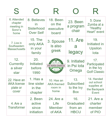 Psi Iota Omega Bingo Card