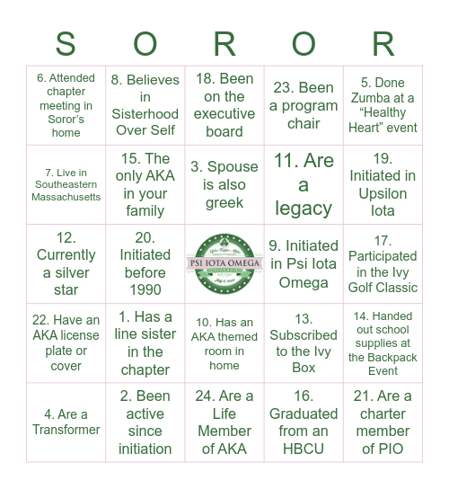Psi Iota Omega Bingo Card
