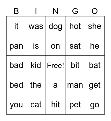 CVC/ Sight Word Bingo Card