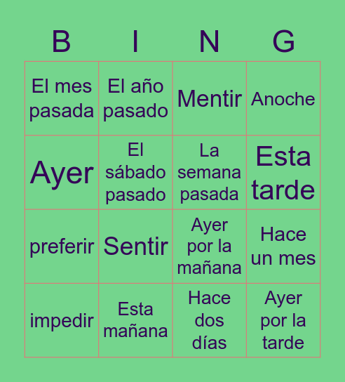 Frases en preterito Bingo Card