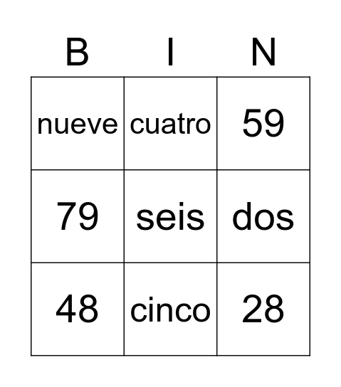 spanish numbers 0-10 Bingo Card