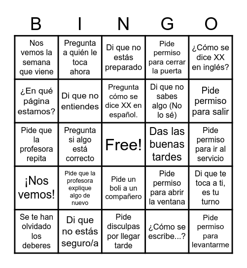 CLASSROOM LANGUAGE Bingo Card