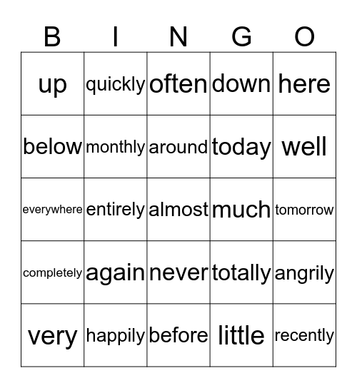 Adverbs Bingo Card