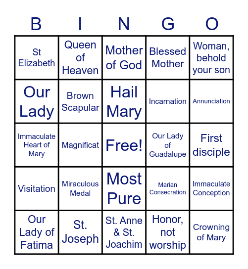 Mother Mary Bingo Card