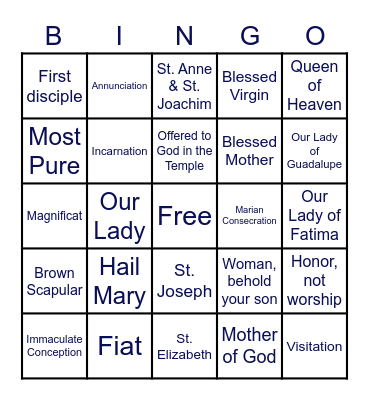 Mother Mary Bingo Card
