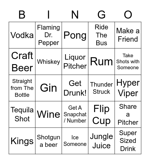 Drinking Bingo Card