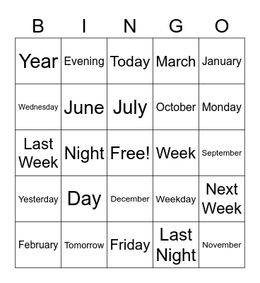 Days to Years Bingo Card