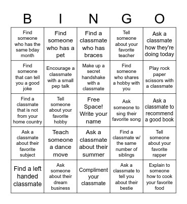Classmate Bingo Card