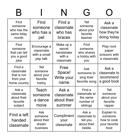 Classmate Bingo Card