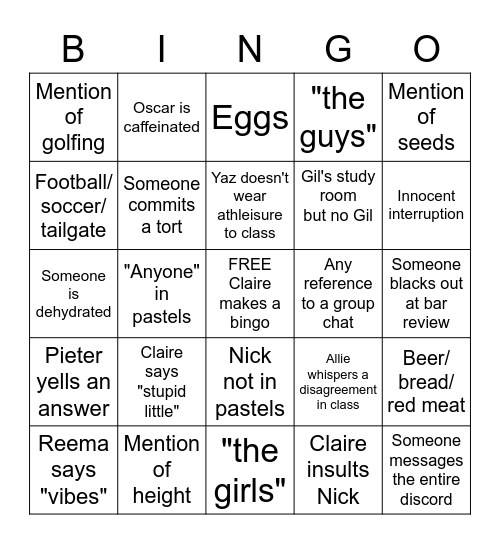 Boy/Girl Bingo Card
