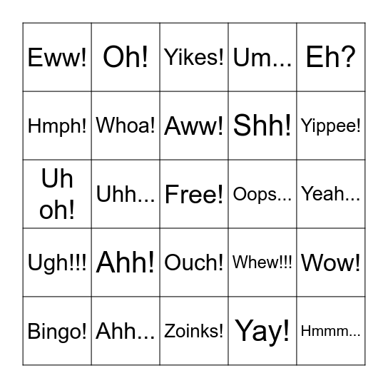 Interjection Bingo Card