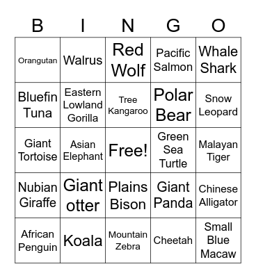 Endangered Animals BINGO Card