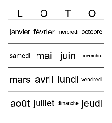 les jours et les mois Bingo Card