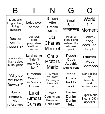 Super Real Mario Movie Bingo Card