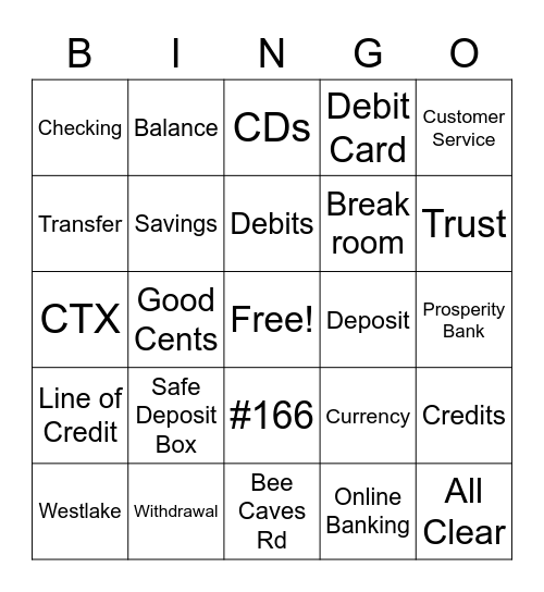 Prosperity Bank Bingo Card