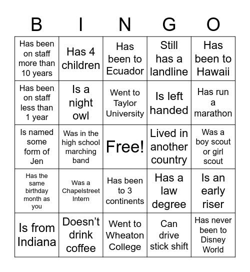 Chapelstreet Staff Bingo Card