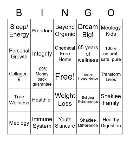 True Wellness Bingo Card